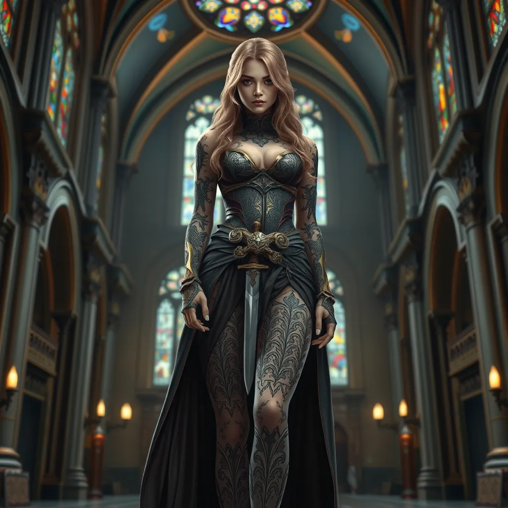 Kayle, adorned with intricate, sword-inspired tattoos that wrap around her legs and torso, dressed in a majestic, medieval-style robe with a high collar, standing in a grand, cathedral-like hall with stained-glass windows casting colorful light.