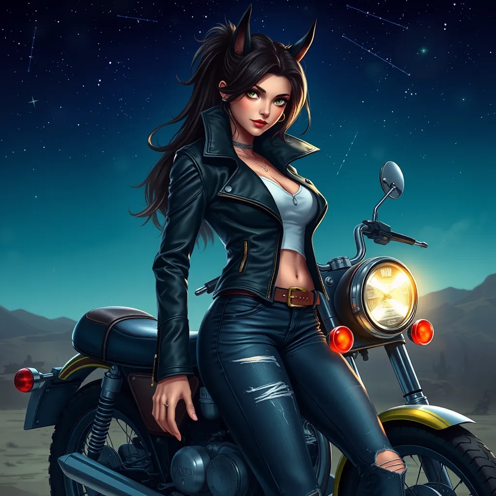 Ahri, in a daring, high-collared leather jacket paired with tight, ripped jeans, leaning against a vintage motorcycle under a starry desert sky, her eyes glowing with a mischievous spark.