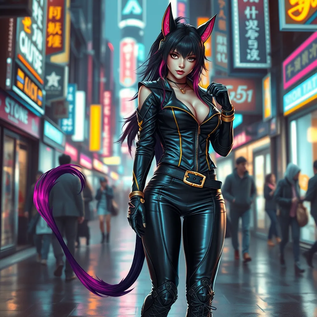 Ahri, adorned in a futuristic, cyberpunk-inspired leather ensemble with neon accents, walking down a bustling, neon-lit street of a cyberpunk city, her tail swishing playfully as she navigates the crowd.