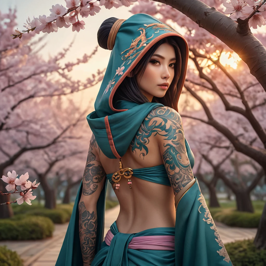 Akali, adorned with intricate, dragon-themed tattoos that cover her back and shoulders, dressed in a traditional, Japanese-inspired outfit with a hood, standing in a serene, cherry blossom grove at dusk.