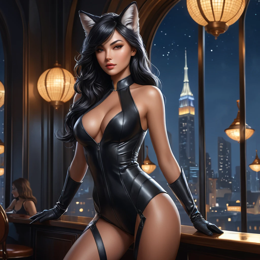 Ahri, the enigmatic fox-woman, clad in form-fitting black leather that accentuates her lithe, feline grace, standing amidst a dimly lit, smoky jazz club with a backdrop of shimmering city lights seen through large, arched windows.