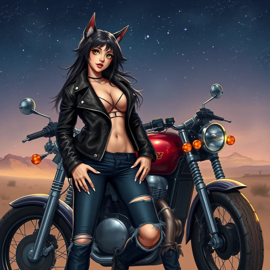 Ahri, in a daring, high-collared leather jacket paired with tight, ripped jeans, leaning against a vintage motorcycle under a starry desert sky, her eyes glowing with a mischievous spark.