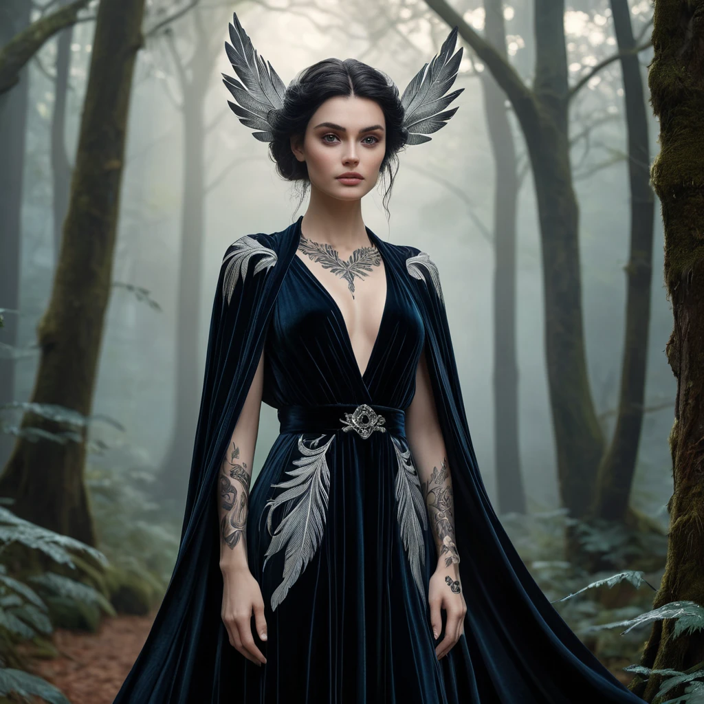 Morgana, with delicate, feather-like tattoos that flutter across her shoulders and down her spine, dressed in a flowing, dark velvet robe, standing in a misty, enchanted forest with ghostly trees surrounding her.