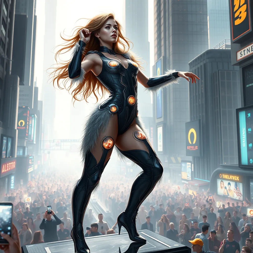 Seraphine, sporting a futuristic, cyber-leathered bodysuit with glowing musical symbols embedded in the design, performing on a floating stage above a crowd in a bustling futuristic cityscape.