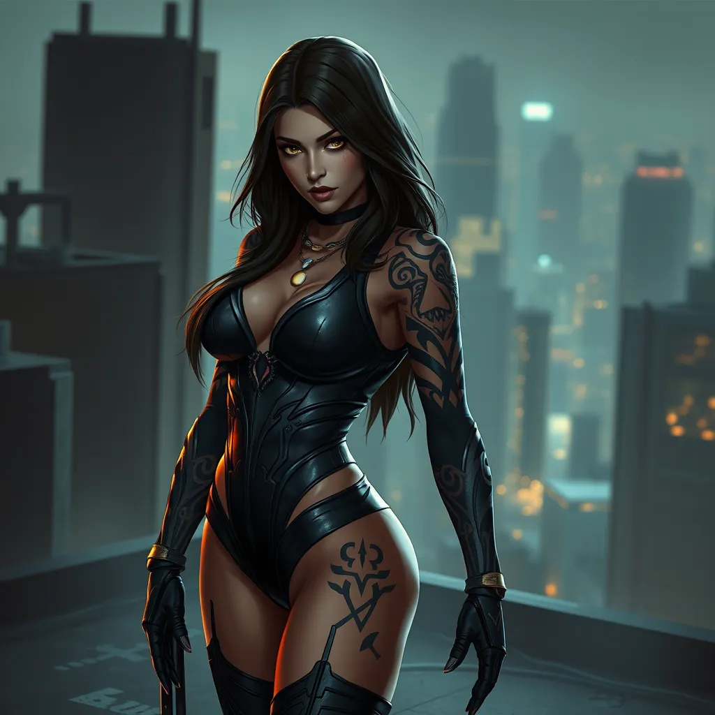 Akali, the stealthy assassin, with striking, tribal-style tattoos that wrap around her arms and torso, wearing a form-fitting, black combat suit, poised in a shadowy, urban rooftop setting with city lights twinkling in the background.