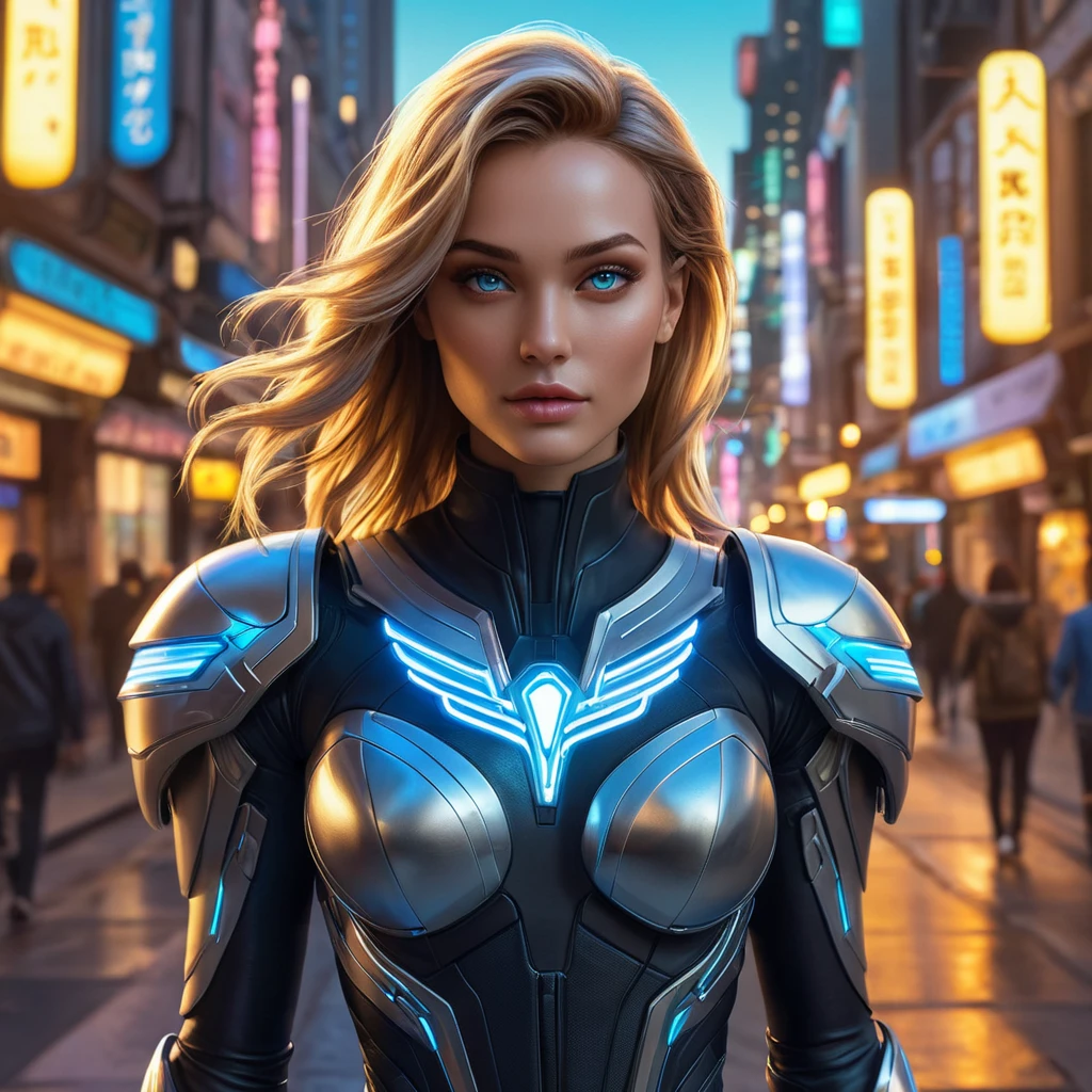 Kayle, in a futuristic, cyber-leathered outfit with digital, animated tattoos that glow with celestial energy, walking down a bustling, neon-lit street of a utopian city, her eyes shining with a benevolent light.