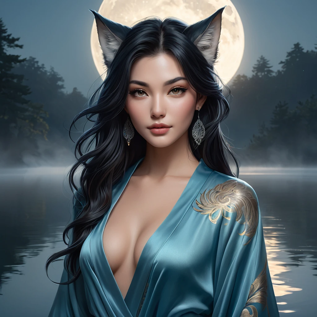 Ahri, with mystical, glowing tattoos that trace the contours of her face and ears, dressed in a flowing, silk robe that subtly reveals her ink, standing at the edge of a misty, moonlit lake.