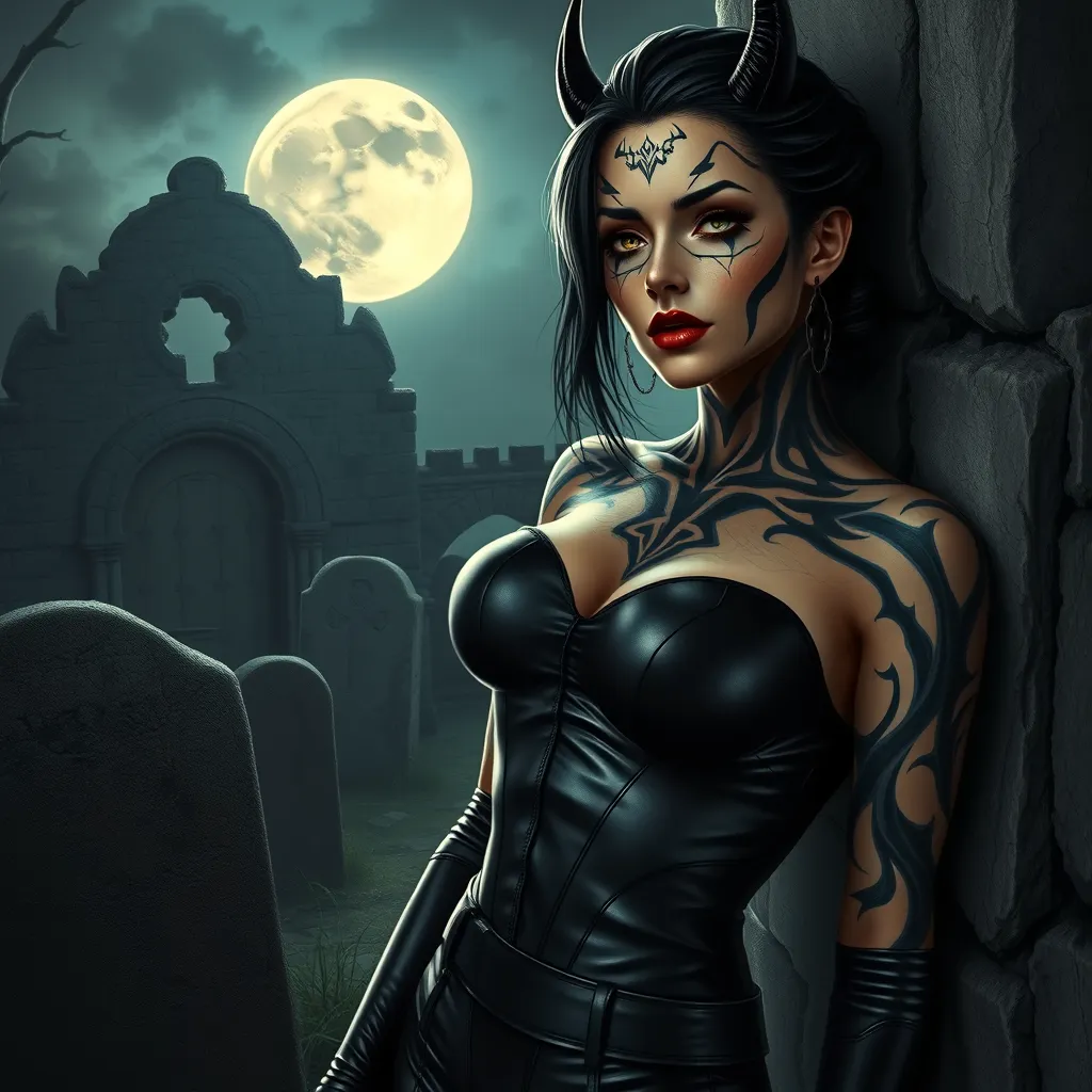 Morgana, sporting bold, demonic-style tattoos that trace the contours of her face and neck, wearing a sleek, leather bodysuit, leaning against a crumbling, ancient stone wall in a desolate, moonlit graveyard.