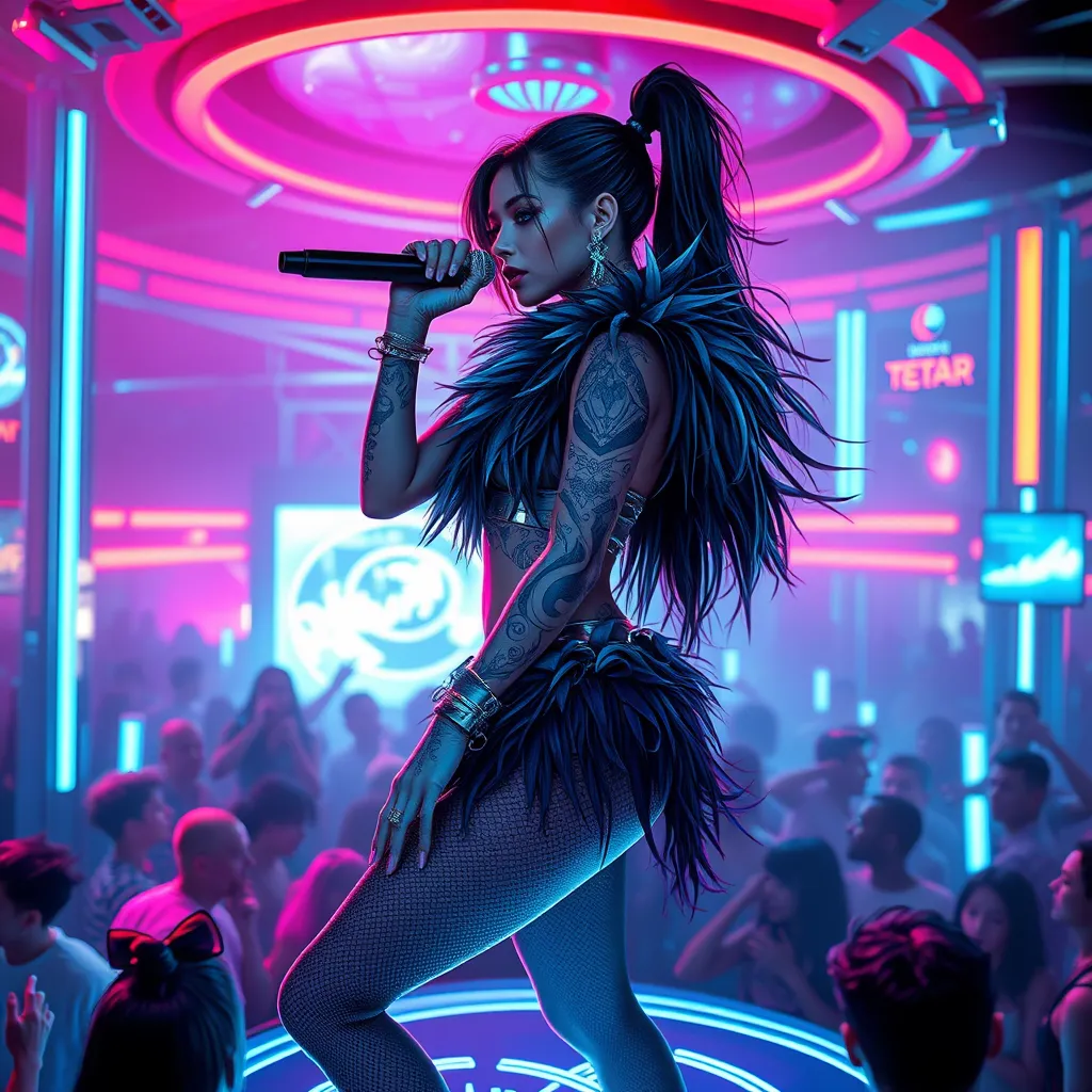 Seraphine, in a futuristic, cyber-leathered outfit with digital, animated tattoos that sync with her music, performing on a holographic stage above a crowd in a neon-drenched, futuristic club.