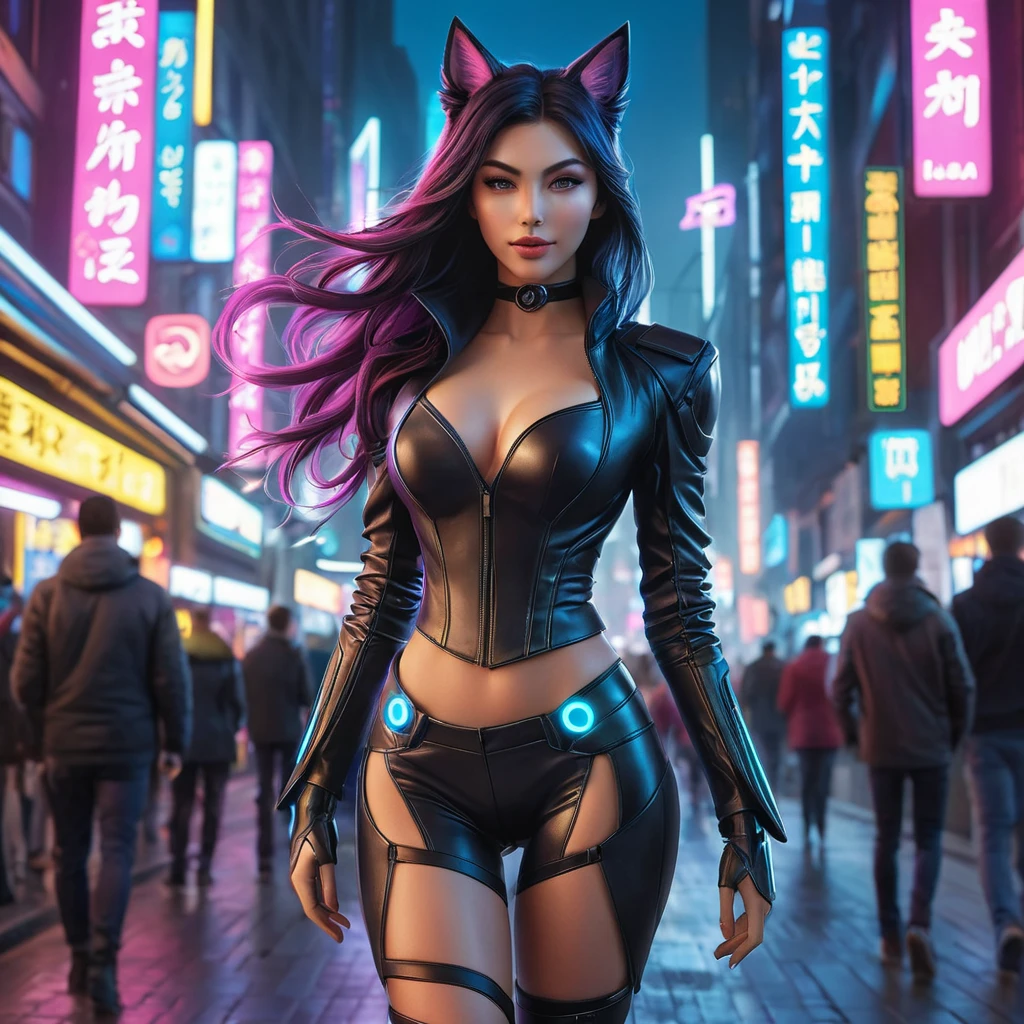 Ahri, adorned in a futuristic, cyberpunk-inspired leather ensemble with neon accents, walking down a bustling, neon-lit street of a cyberpunk city, her tail swishing playfully as she navigates the crowd.