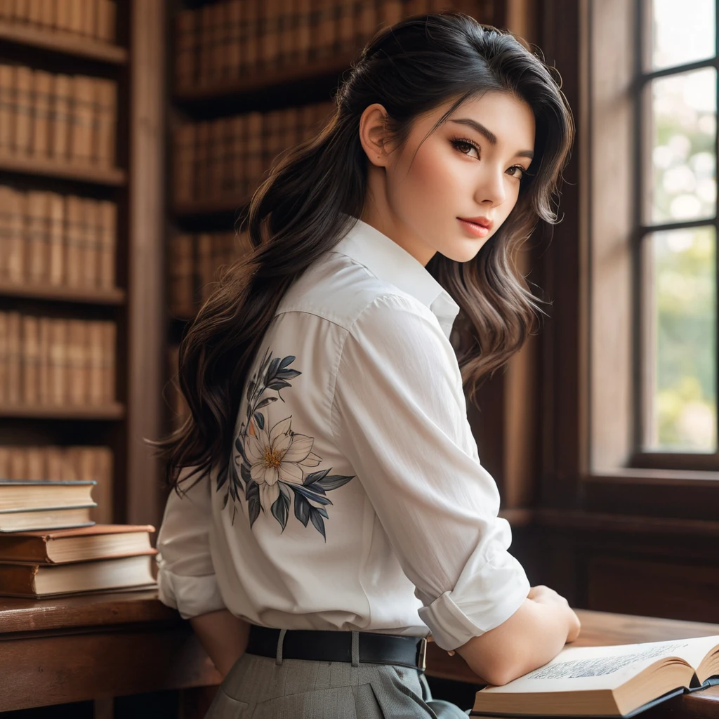 Ahri, with delicate, floral tattoos that bloom across her shoulders and down her spine, dressed in a classic, white button-down shirt that is artfully unbuttoned, sitting in a cozy, book-filled library.