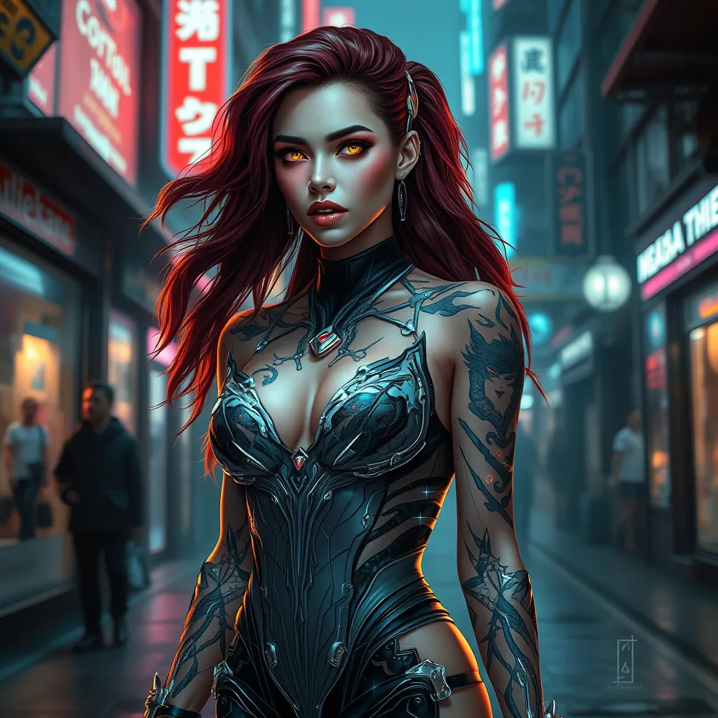 Morgana, in a futuristic, cyber-leathered outfit with digital, animated tattoos that flicker with dark energy, walking down a dimly lit, neon-lit street of a dystopian city, her eyes glowing with a mysterious light.