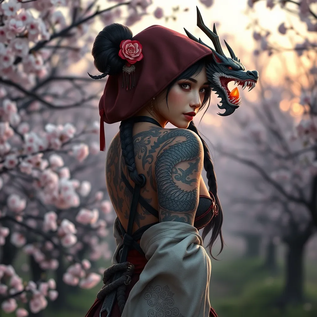 Akali, adorned with intricate, dragon-themed tattoos that cover her back and shoulders, dressed in a traditional, Japanese-inspired outfit with a hood, standing in a serene, cherry blossom grove at dusk.