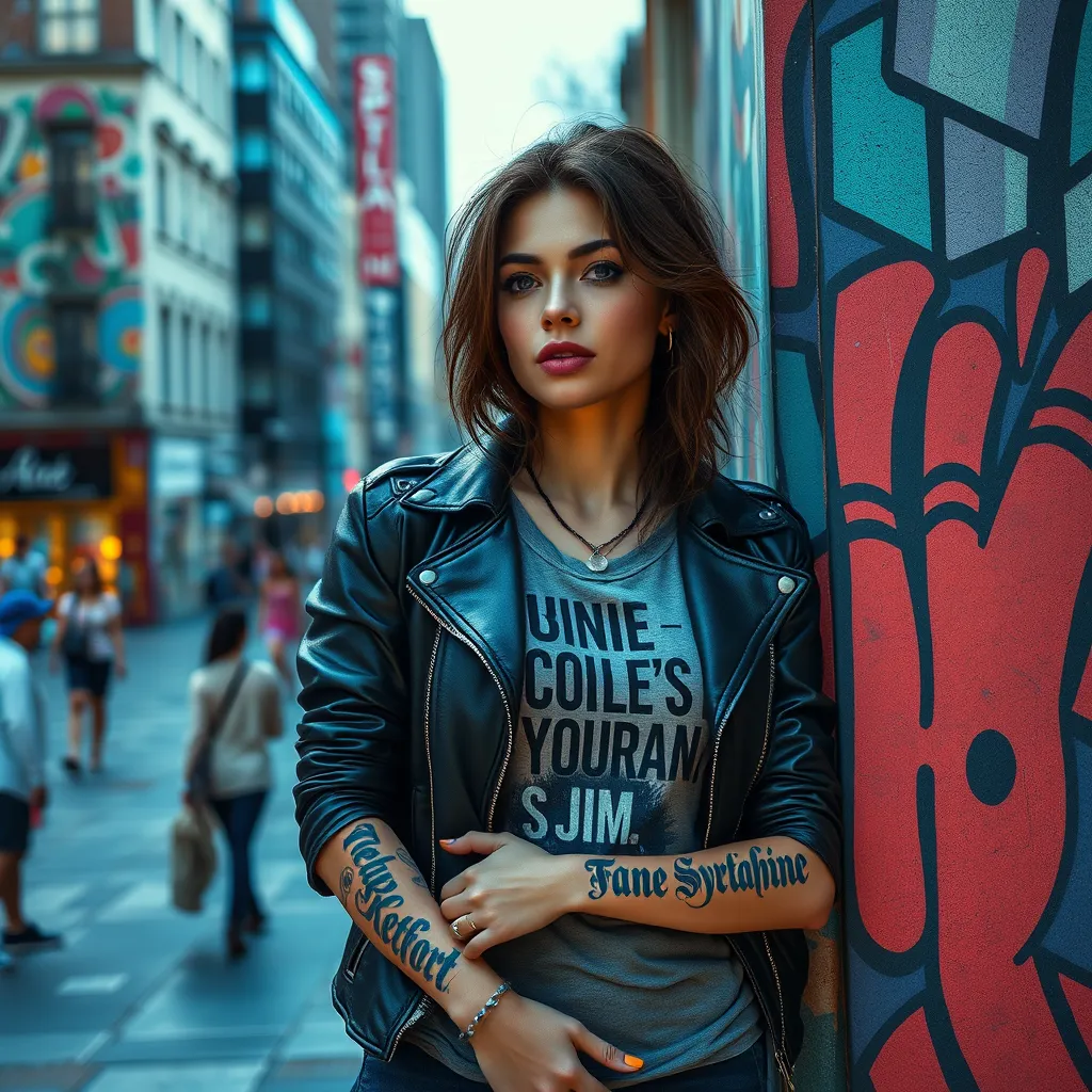 Seraphine, sporting bold, graffiti-style tattoos that spell out lyrics on her forearms, wearing a chic, leather jacket over a graphic tee, leaning against a vibrant, street art-covered wall in a bustling city square.