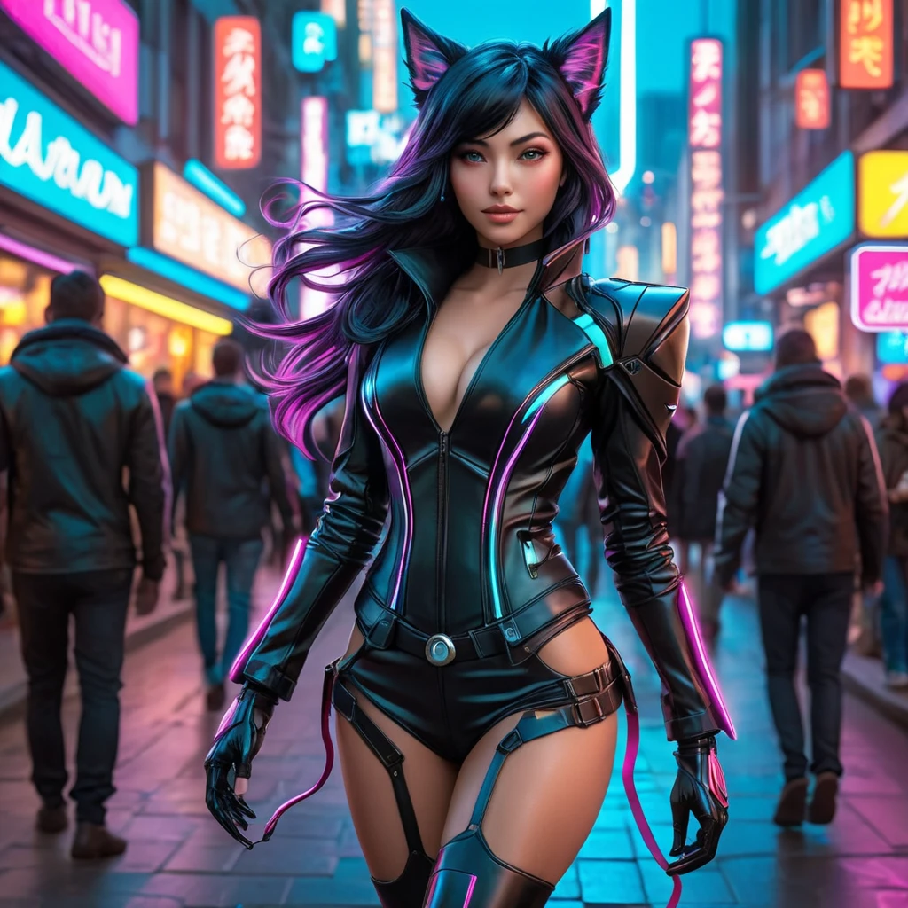 Ahri, adorned in a futuristic, cyberpunk-inspired leather ensemble with neon accents, walking down a bustling, neon-lit street of a cyberpunk city, her tail swishing playfully as she navigates the crowd.