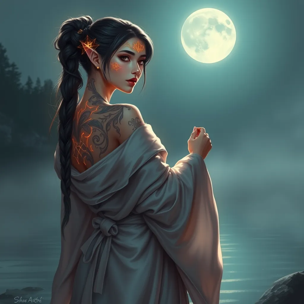 Ahri, with mystical, glowing tattoos that trace the contours of her face and ears, dressed in a flowing, silk robe that subtly reveals her ink, standing at the edge of a misty, moonlit lake.