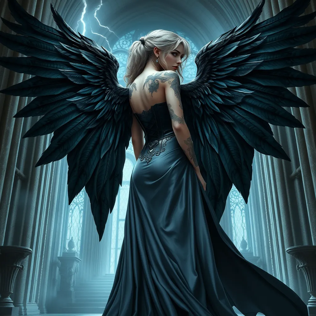 Morgana, the fallen angel, with dark, angelic-themed tattoos that cover her wings and back, wearing a dramatic, black corset and long, flowing skirt, standing in a stormy, gothic cathedral with lightning flashing outside.