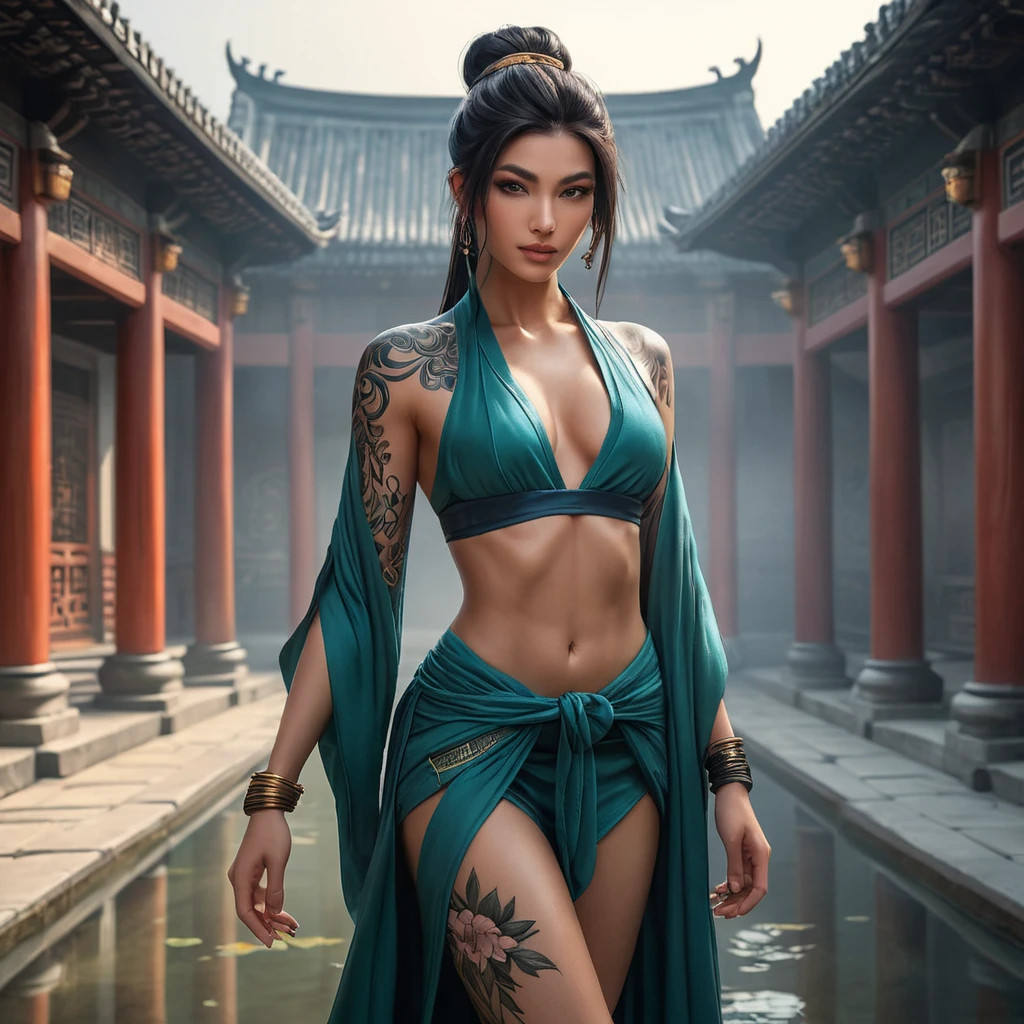 Akali, with delicate, floral tattoos that bloom across her wrists and ankles, dressed in a flowing, assassin's robe that subtly reveals her ink, standing in a misty, ancient temple courtyard.