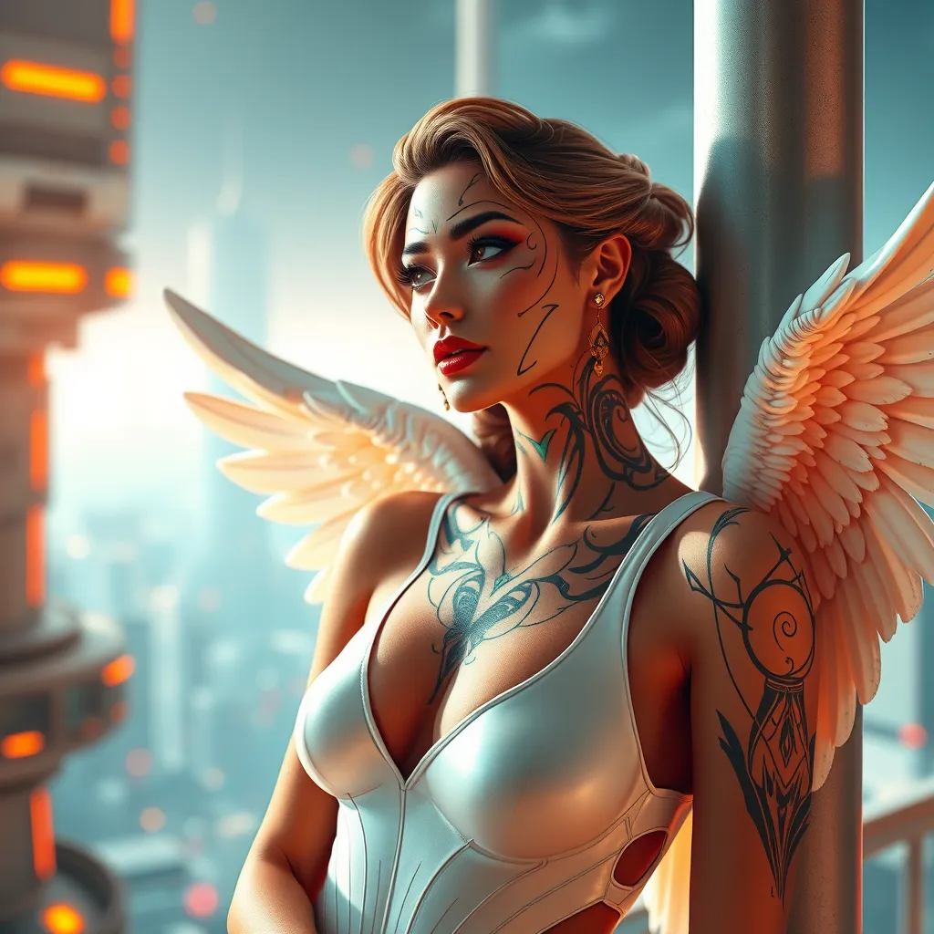 Kayle, sporting bold, celestial-style tattoos that trace the contours of her face and neck, wearing a sleek, white bodysuit with angelic wings, leaning against a pillar in a futuristic, space-age cityscape.