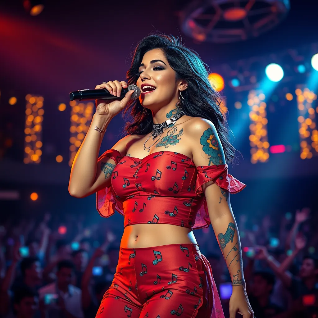 Seraphine, the spirited songstress, with colorful, musical note tattoos adorning her arms and neck, wearing a vibrant, off-the-shoulder top, performing on a stage surrounded by a sea of glowing, interactive audience lights.