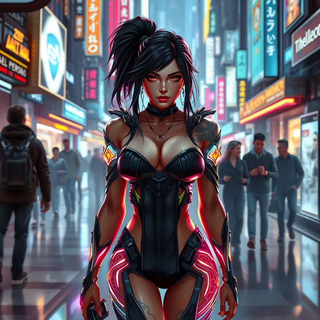 Irelia, in a futuristic, cyber-leathered outfit with digital, animated tattoos that sync with her movements, walking down a bustling, neon-lit street of a futuristic city, her eyes sharp and focused as she navigates the crowd.