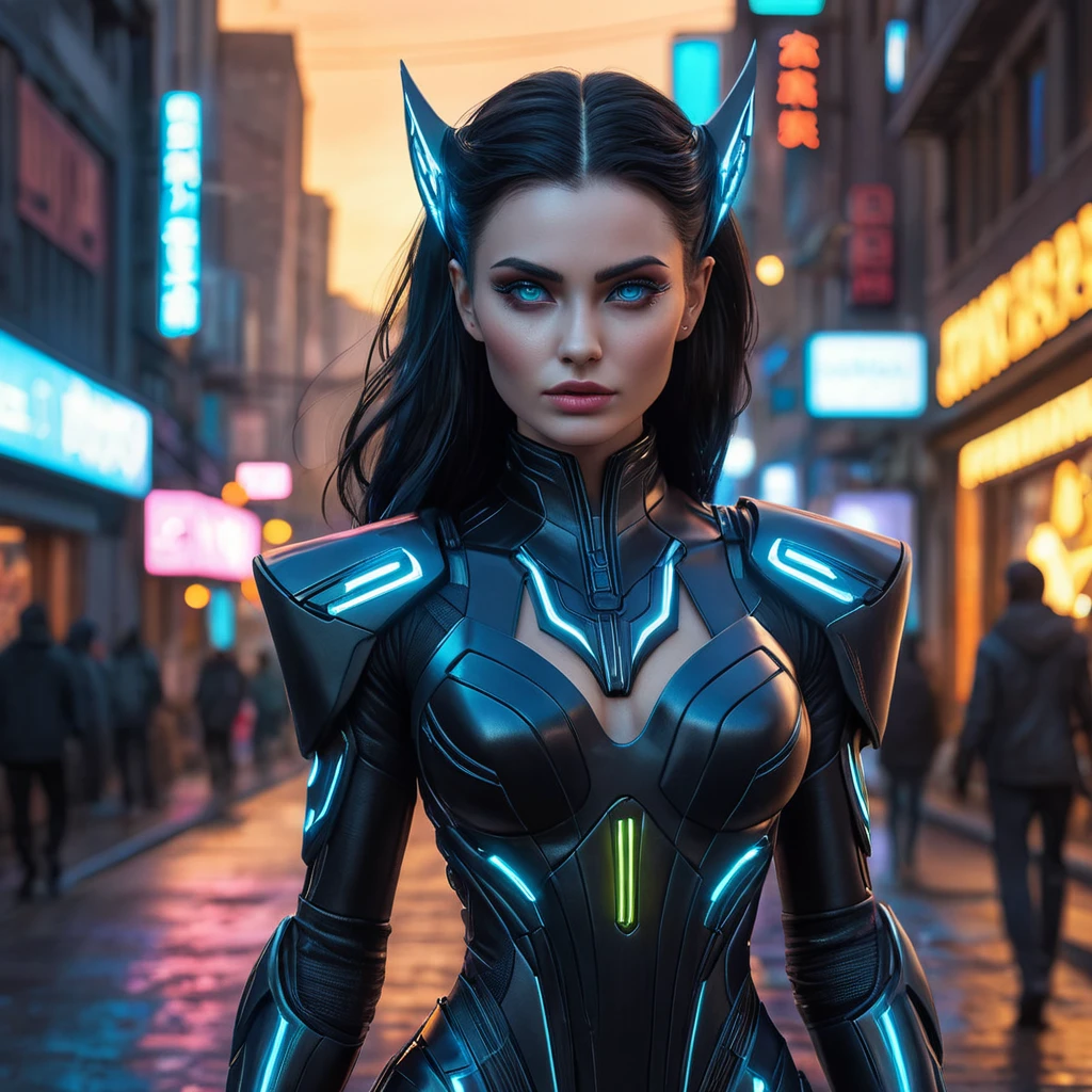 Morgana, in a futuristic, cyber-leathered outfit with digital, animated tattoos that flicker with dark energy, walking down a dimly lit, neon-lit street of a dystopian city, her eyes glowing with a mysterious light.