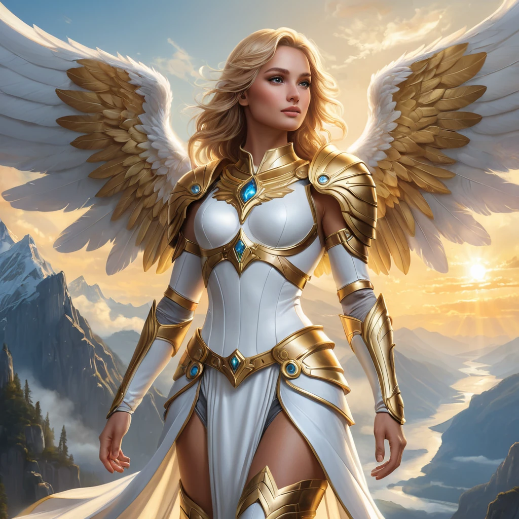 Kayle, the radiant angel, with angelic-themed tattoos that shimmer with golden light, covering her wings and arms, wearing a pristine, white armor set with silver accents, standing in a sunlit, cloud-filled sky above a serene, mountain landscape.