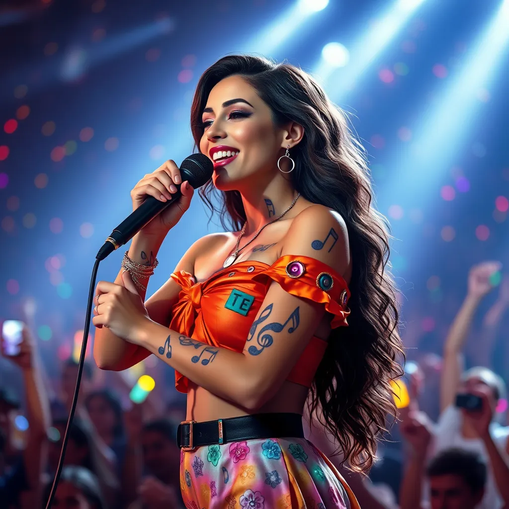 Seraphine, the spirited songstress, with colorful, musical note tattoos adorning her arms and neck, wearing a vibrant, off-the-shoulder top, performing on a stage surrounded by a sea of glowing, interactive audience lights.