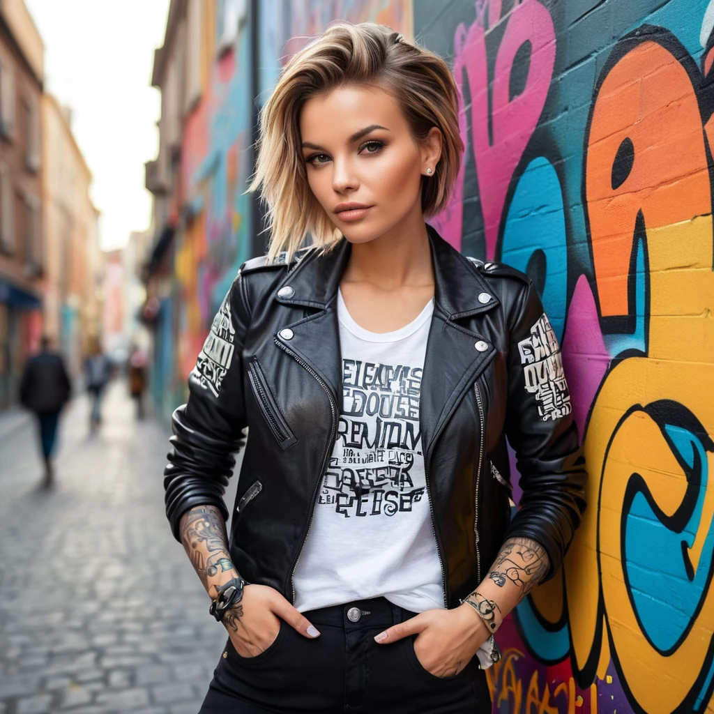 Seraphine, sporting bold, graffiti-style tattoos that spell out lyrics on her forearms, wearing a chic, leather jacket over a graphic tee, leaning against a vibrant, street art-covered wall in a bustling city square.