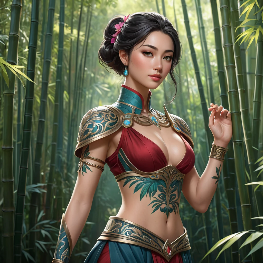 Irelia, the graceful bladesinger, with elegant, floral-inspired tattoos that cover her arms and back, wearing a traditional, Ionian-style outfit with a high collar, standing in a serene, bamboo forest with her blades poised.