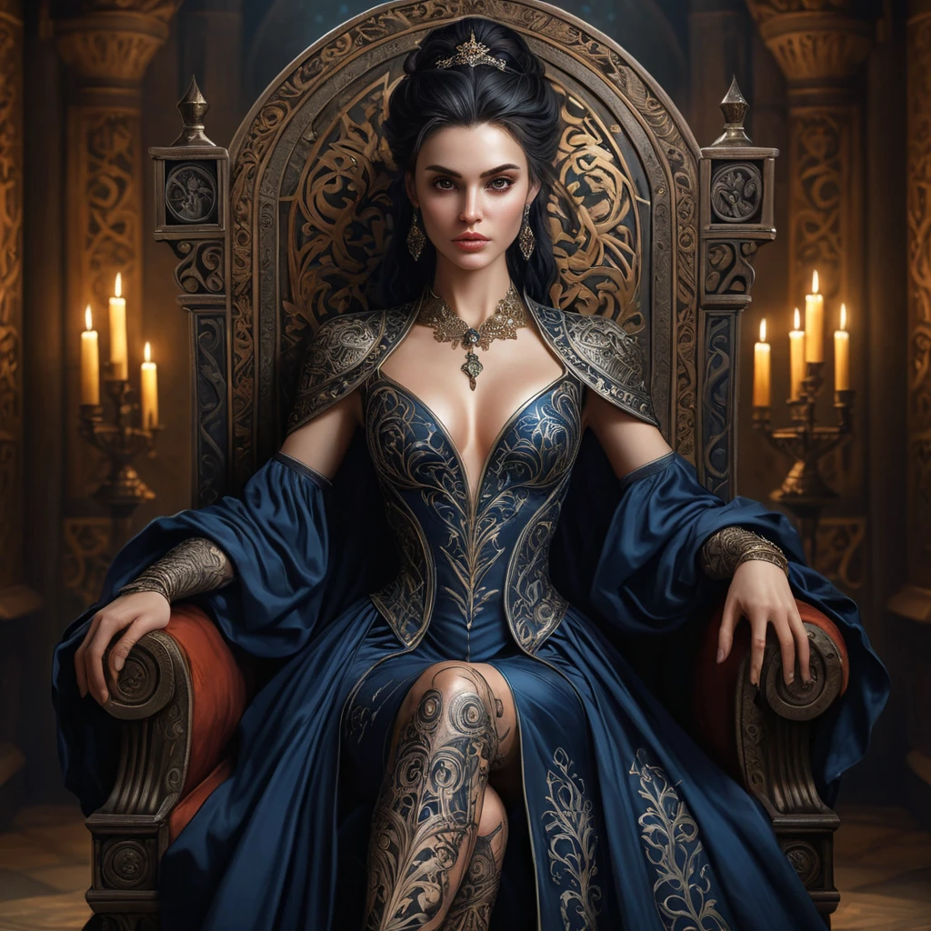 Morgana, adorned with intricate, thorn-inspired tattoos that wrap around her arms and legs, dressed in a regal, medieval-style gown with a deep, plunging neckline, sitting on a throne in a shadowy, candlelit chamber.