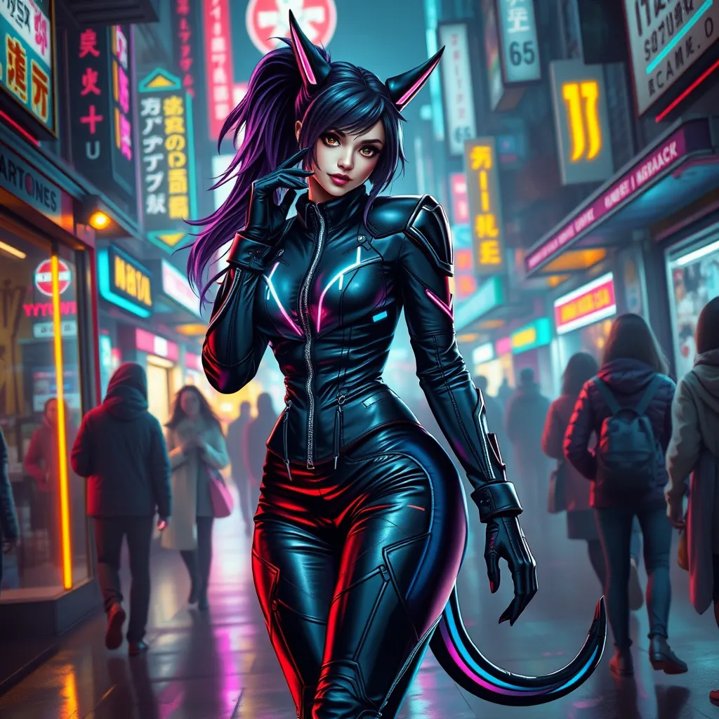 Ahri, adorned in a futuristic, cyberpunk-inspired leather ensemble with neon accents, walking down a bustling, neon-lit street of a cyberpunk city, her tail swishing playfully as she navigates the crowd.