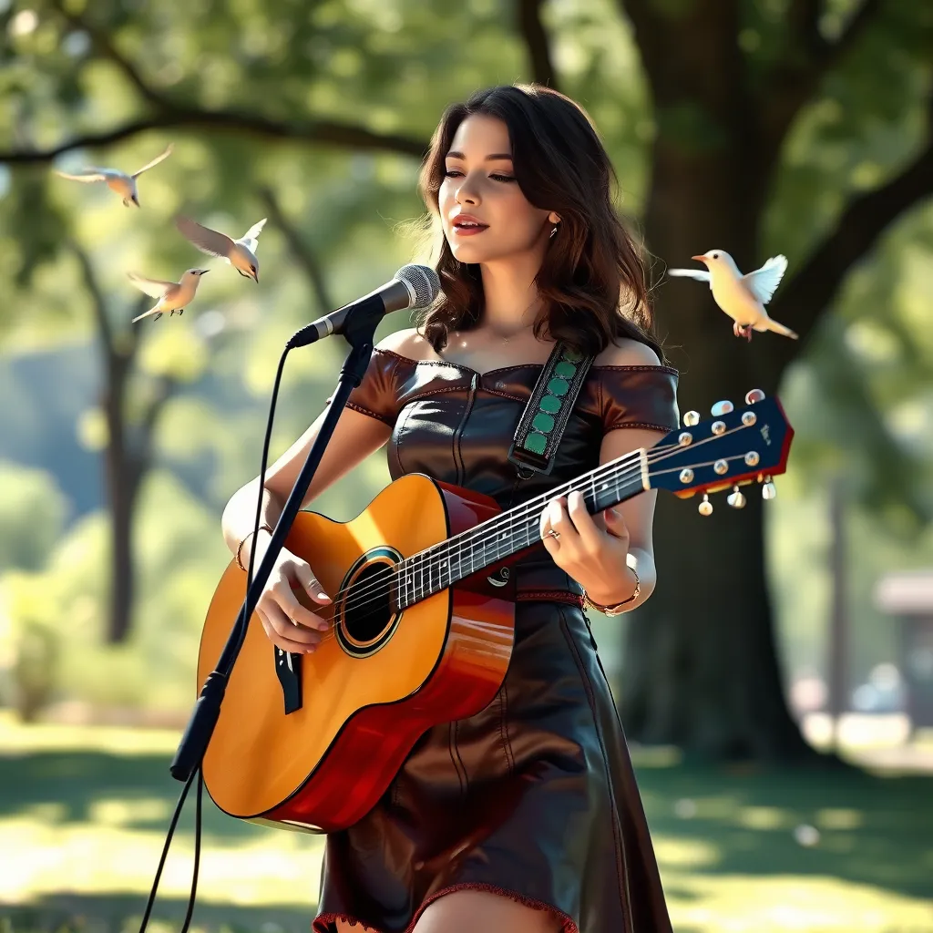 Seraphine, in a playful, off-the-shoulder leather dress with rainbow stitching, standing in a sunlit park with a guitar in hand, birds chirping around her as she prepares to sing.