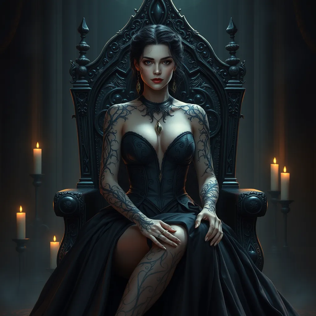 Morgana, adorned with intricate, thorn-inspired tattoos that wrap around her arms and legs, dressed in a regal, medieval-style gown with a deep, plunging neckline, sitting on a throne in a shadowy, candlelit chamber.