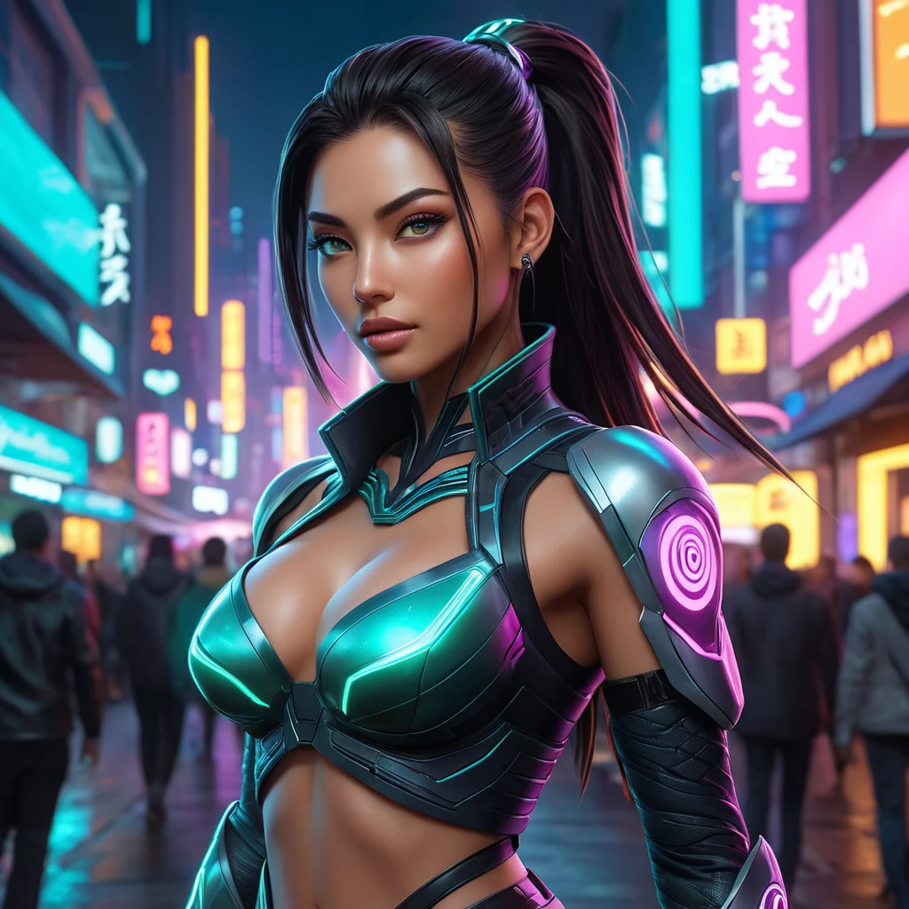 Akali, in a futuristic, cyber-leathered outfit with digital, animated tattoos that glow with neon lights, walking down a bustling, neon-lit street of a cyberpunk city, her eyes sharp and focused as she navigates the crowd.