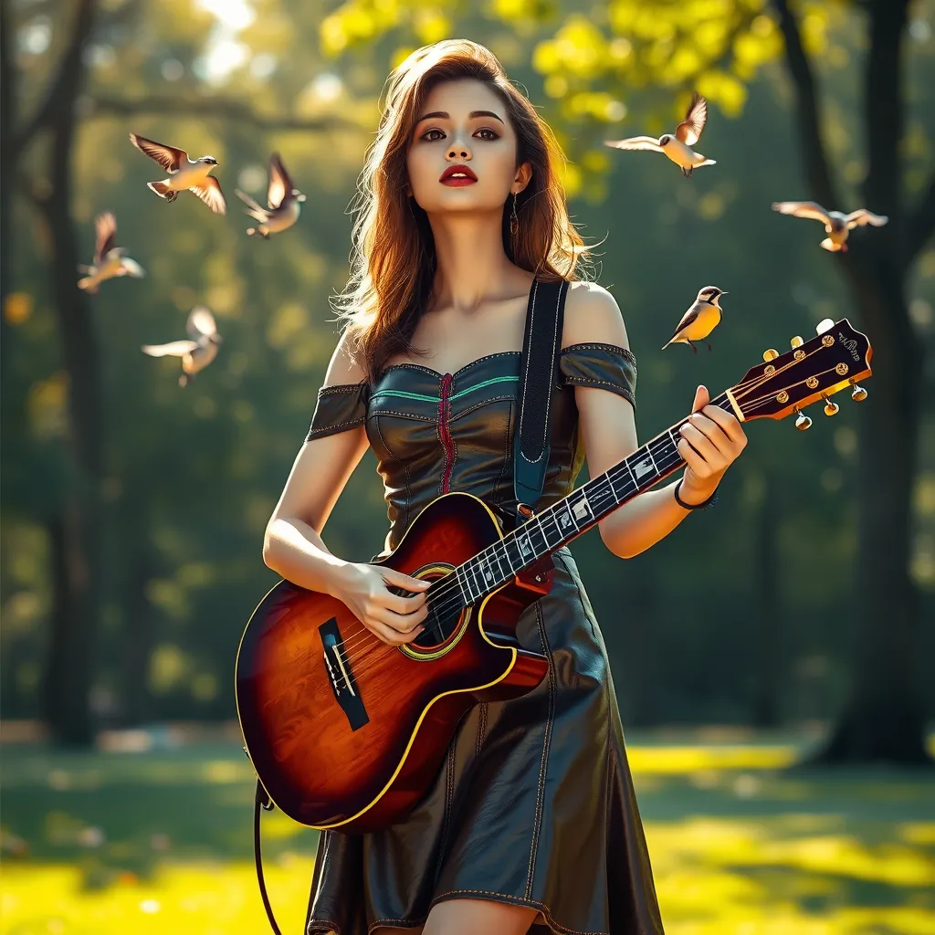 Seraphine, in a playful, off-the-shoulder leather dress with rainbow stitching, standing in a sunlit park with a guitar in hand, birds chirping around her as she prepares to sing.