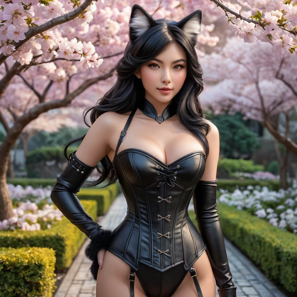 Ahri, with her ears and tail outlined in a soft, luminous fur, wearing a sleek, corset-style leather outfit that hugs her curves, posed in a lush, moonlit garden with cherry blossoms gently falling around her.