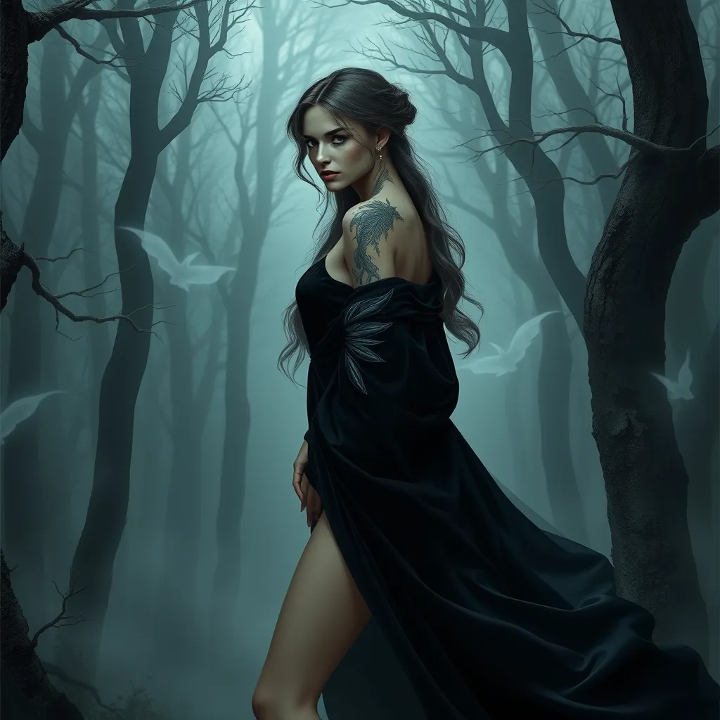 Morgana, with delicate, feather-like tattoos that flutter across her shoulders and down her spine, dressed in a flowing, dark velvet robe, standing in a misty, enchanted forest with ghostly trees surrounding her.