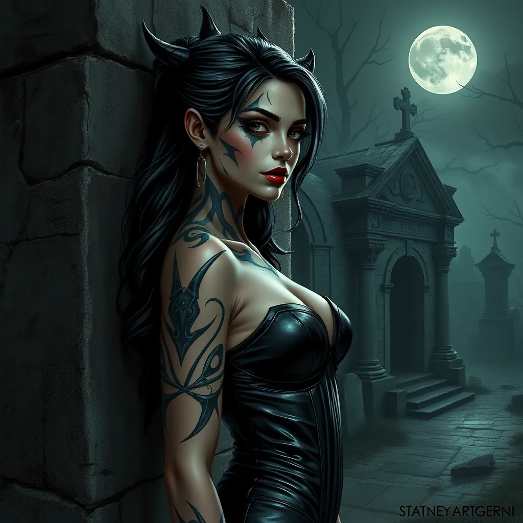 Morgana, sporting bold, demonic-style tattoos that trace the contours of her face and neck, wearing a sleek, leather bodysuit, leaning against a crumbling, ancient stone wall in a desolate, moonlit graveyard.