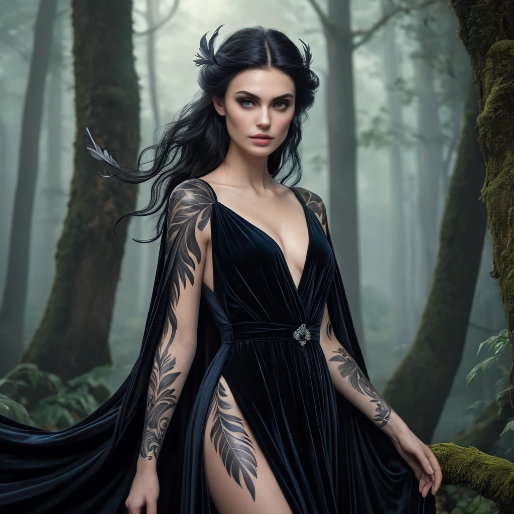 Morgana, with delicate, feather-like tattoos that flutter across her shoulders and down her spine, dressed in a flowing, dark velvet robe, standing in a misty, enchanted forest with ghostly trees surrounding her.