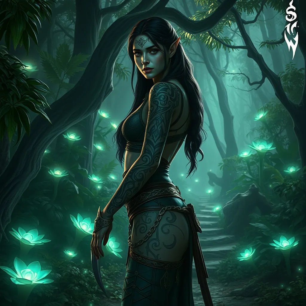 A stunning Nidalee from The Witcher 3, adorned with intricate tribal tattoos that glow with a mystical aura, standing in a lush, enchanted forest with bioluminescent plants illuminating her path.