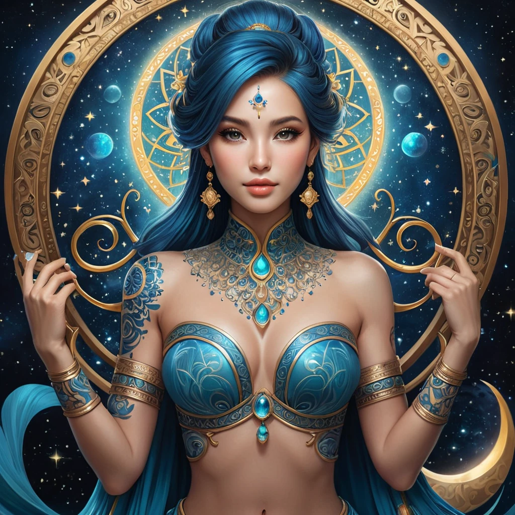 A radiant Sona with mandala-inspired tattoos, surrounded by a symphony of floating instruments in a celestial chamber filled with starlight.