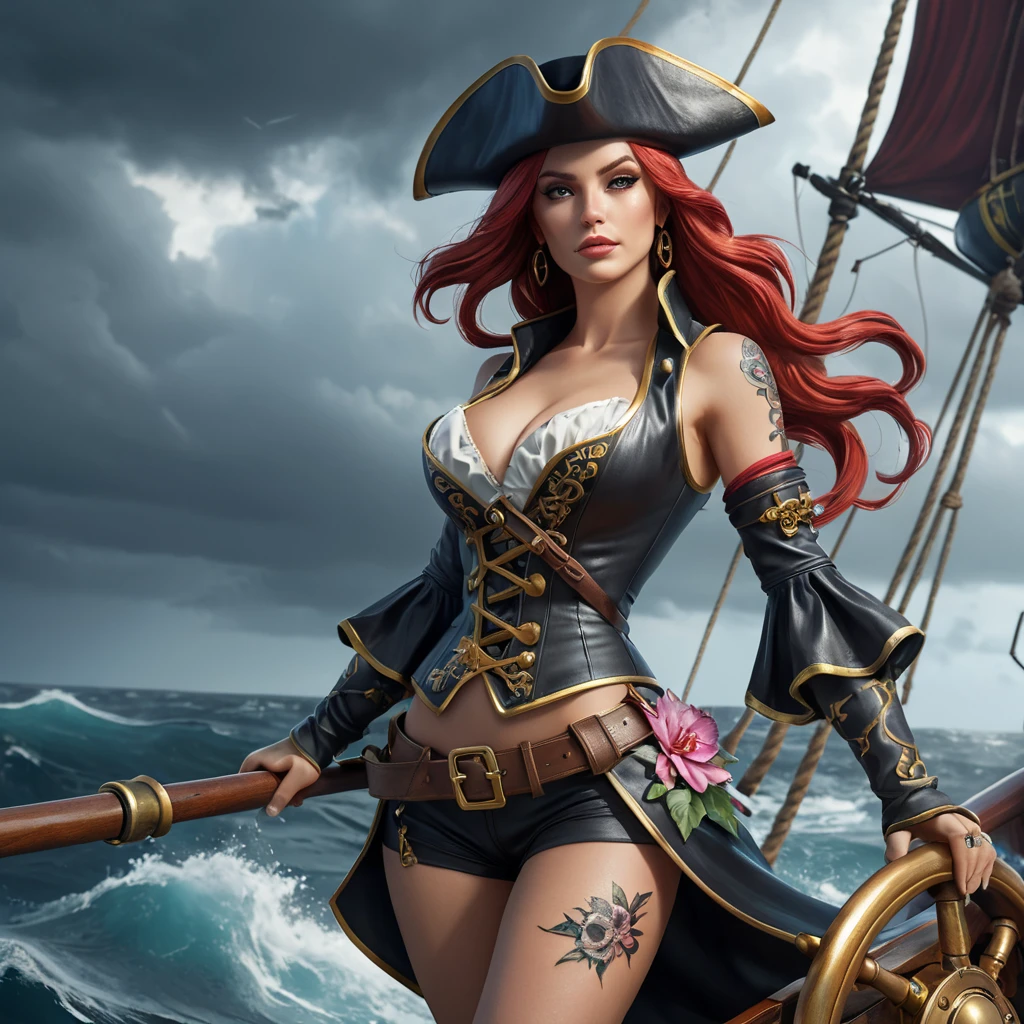 Miss Fortune from League of Legends, her arms and legs covered in intricate floral and skull tattoos, wearing a classic pirate outfit with a modern twist, standing on the bow of her ship as it sails through a stormy sea, cinematic lighting, highly detailed, 4K resolution