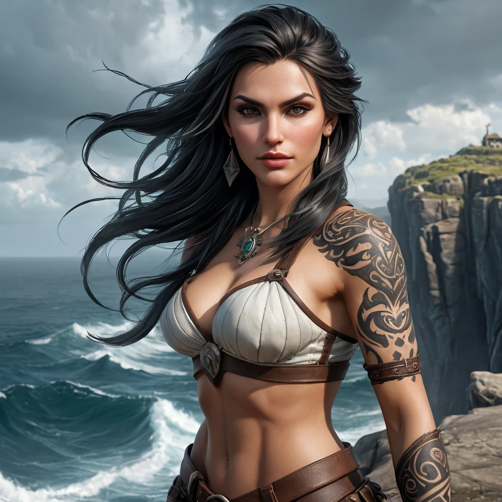 Nidalee, the fierce huntress from The Witcher 3, with striking tattoos that tell the story of her battles and victories, standing atop a cliff overlooking a vast, stormy ocean, her hair blowing in the wind.