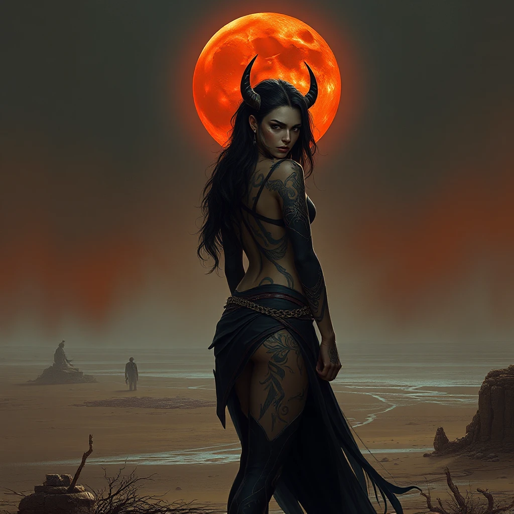 Vayne, the nightstalker, her body decorated with bold, tribal tattoos that glow faintly in the dark, standing in a desolate wasteland under a blood-red moon.