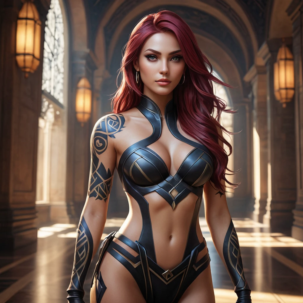 Katarina from League of Legends with bold, geometric tattoos resembling ancient Noxian symbols, standing in a grand hall filled with shadows, her presence commanding and powerful.