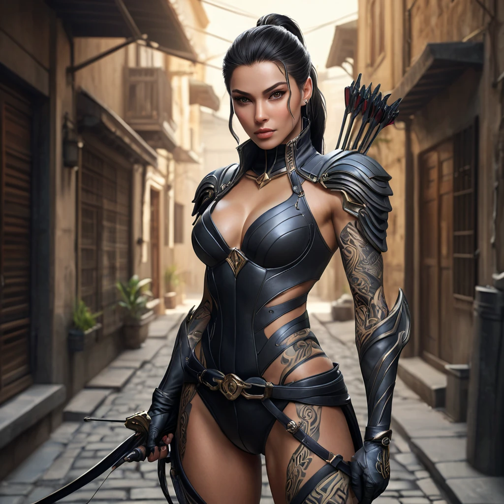 Vayne, the vengeful assassin, her skin covered in detailed, serpentine tattoos that coil around her arms and neck, standing in a dimly lit alleyway with a crossbow aimed at her target.