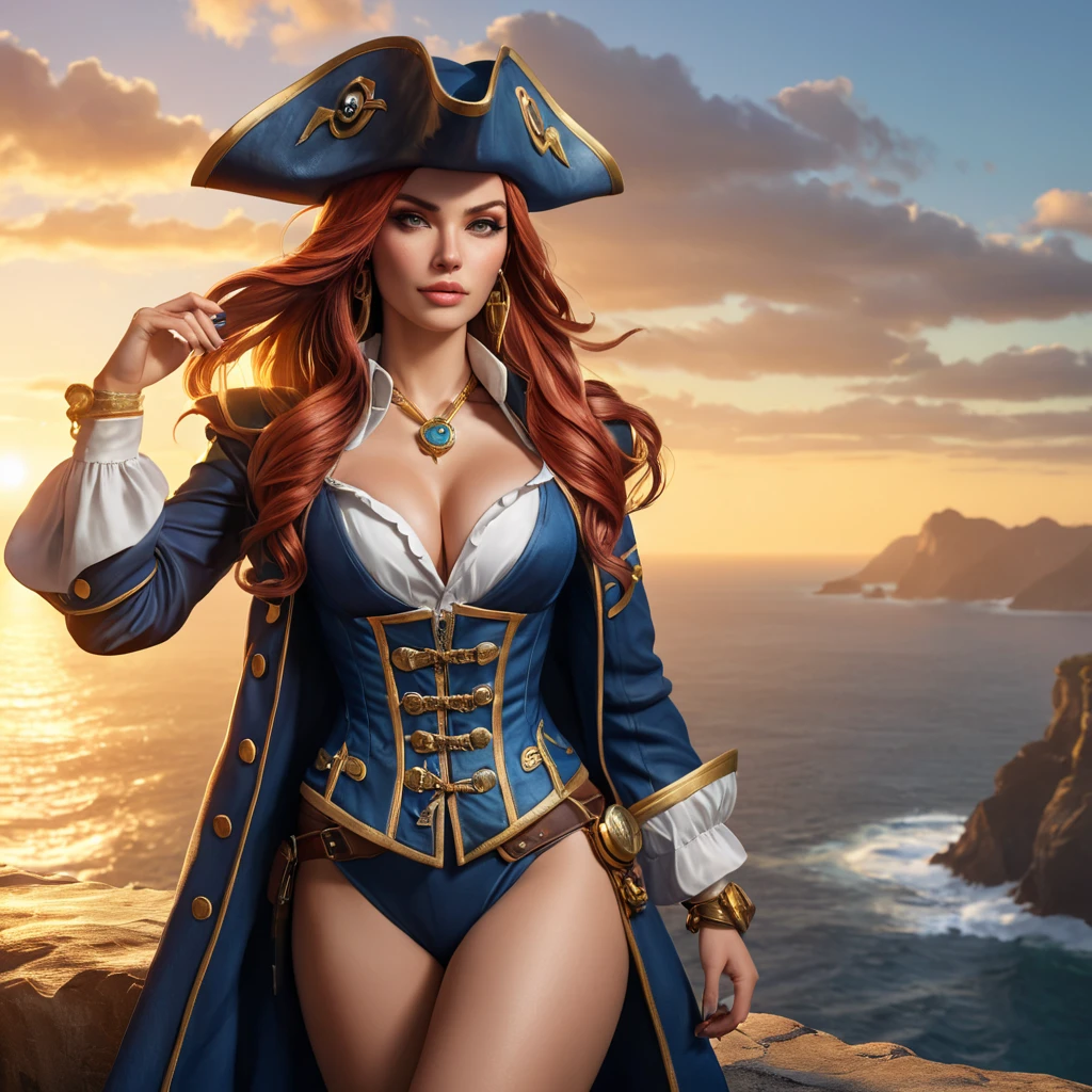 Miss Fortune from League of Legends, her skin adorned with nautical-themed tattoos, wearing a pirate captain's hat and a long coat, standing on a cliff overlooking a vast ocean, the sunset casting a golden glow on her, highly detailed, ultra-realistic, 6K resolution