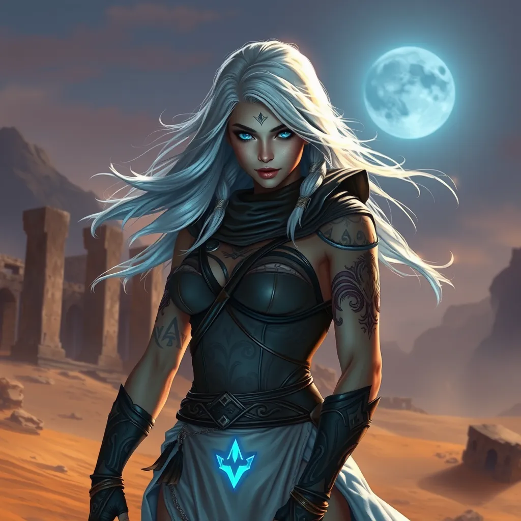 Sivir, the mercenary with striking blue eyes and flowing silver hair, adorned with intricate tribal tattoos that glow faintly in the moonlight, standing confidently in a desert landscape with a backdrop of ancient ruins.