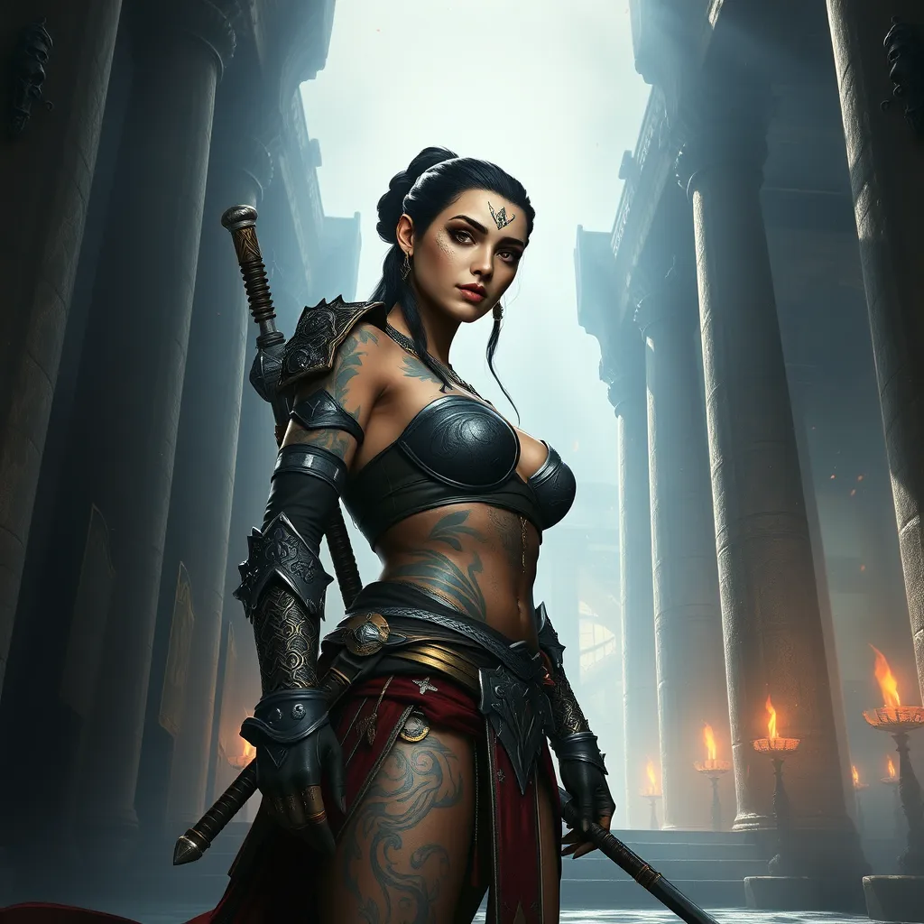 Nidalee, the powerful warrior from The Witcher 3, with tattoos that shimmer with ancient magic, standing in a grand, ancient temple, surrounded by towering stone pillars and flickering torchlight.